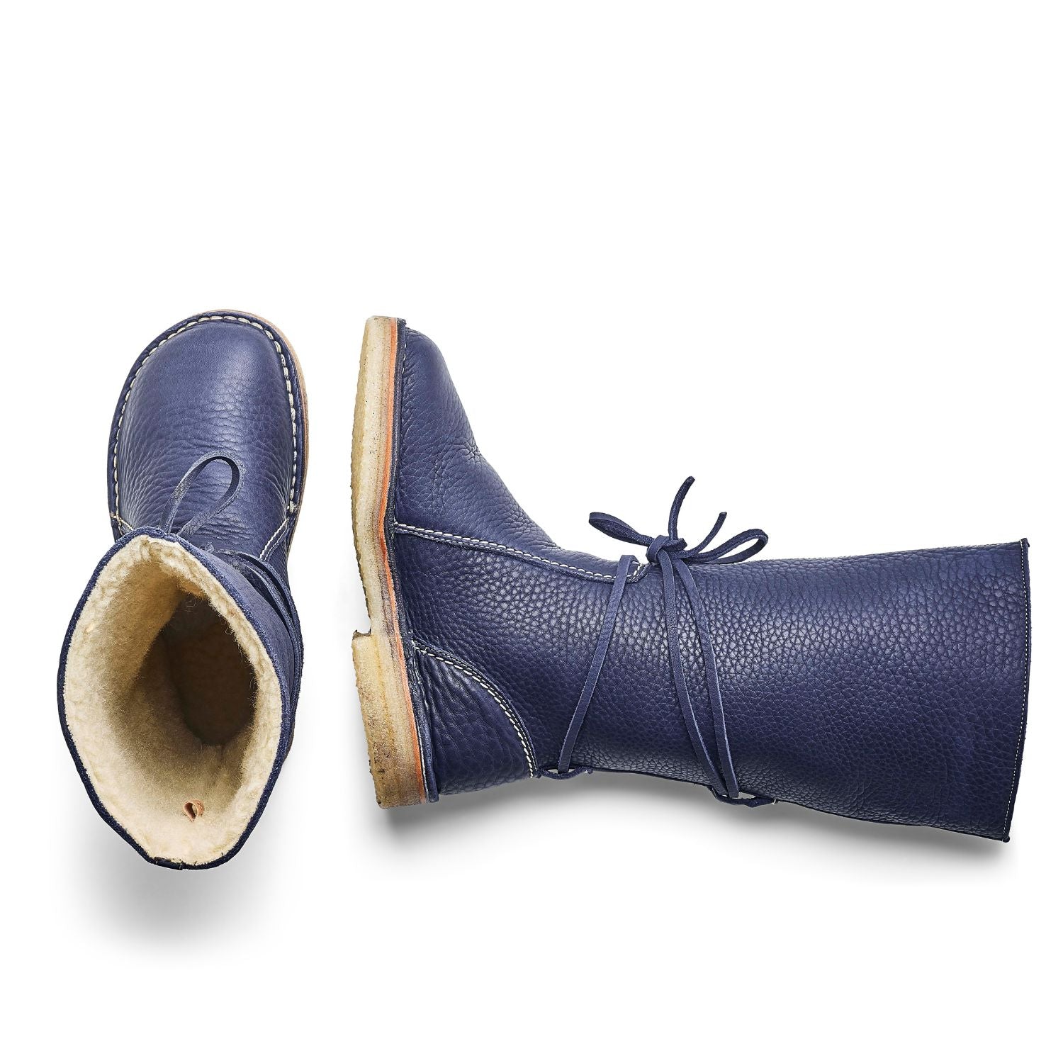 Duckfeet Silkeborg Royal Blue wool-lined pull-on leather boot, top and inner side view on white background
