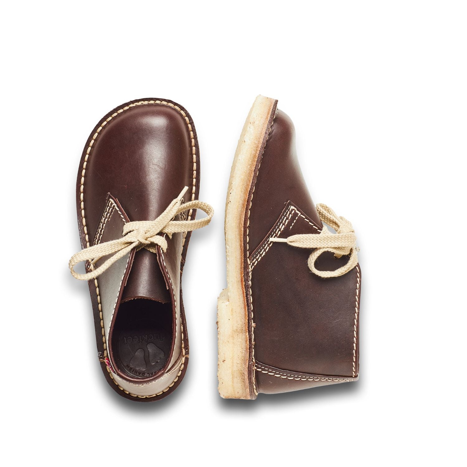 Duckfeet Sjælland Choco leather ankle boot, top and inner side view on white background