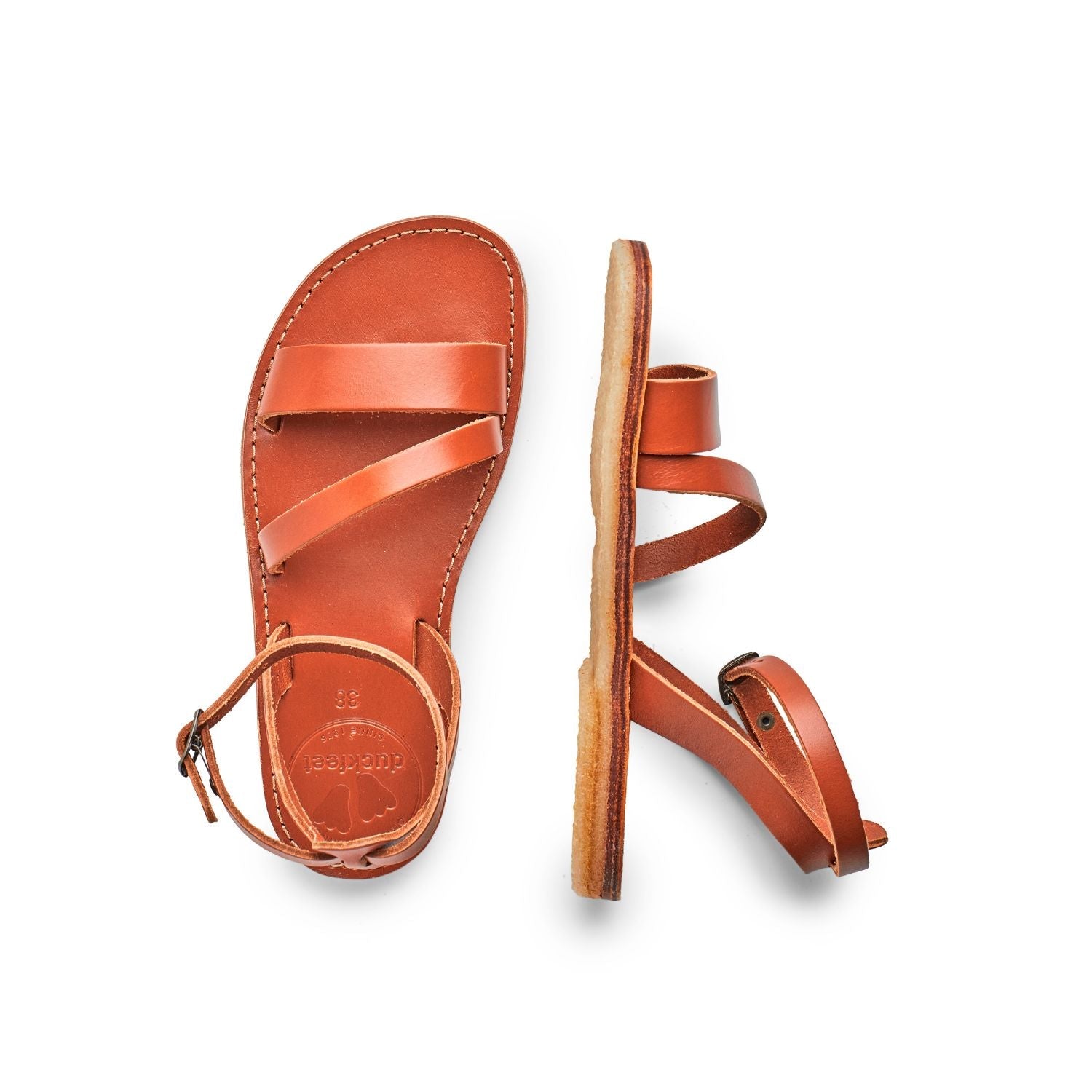 Duckfeet Skærbæk Brown ankle-strap leather sandal, top and inner side view on white background