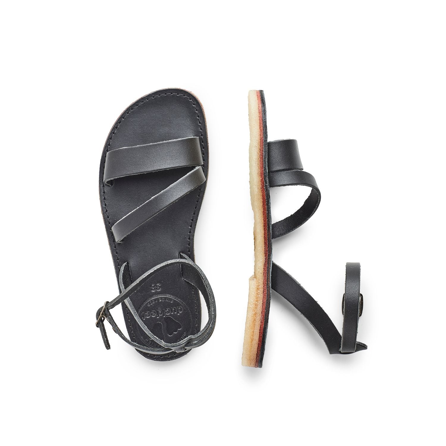 Duckfeet Skærbæk Black ankle-strap leather sandal, top and inner side view on white background