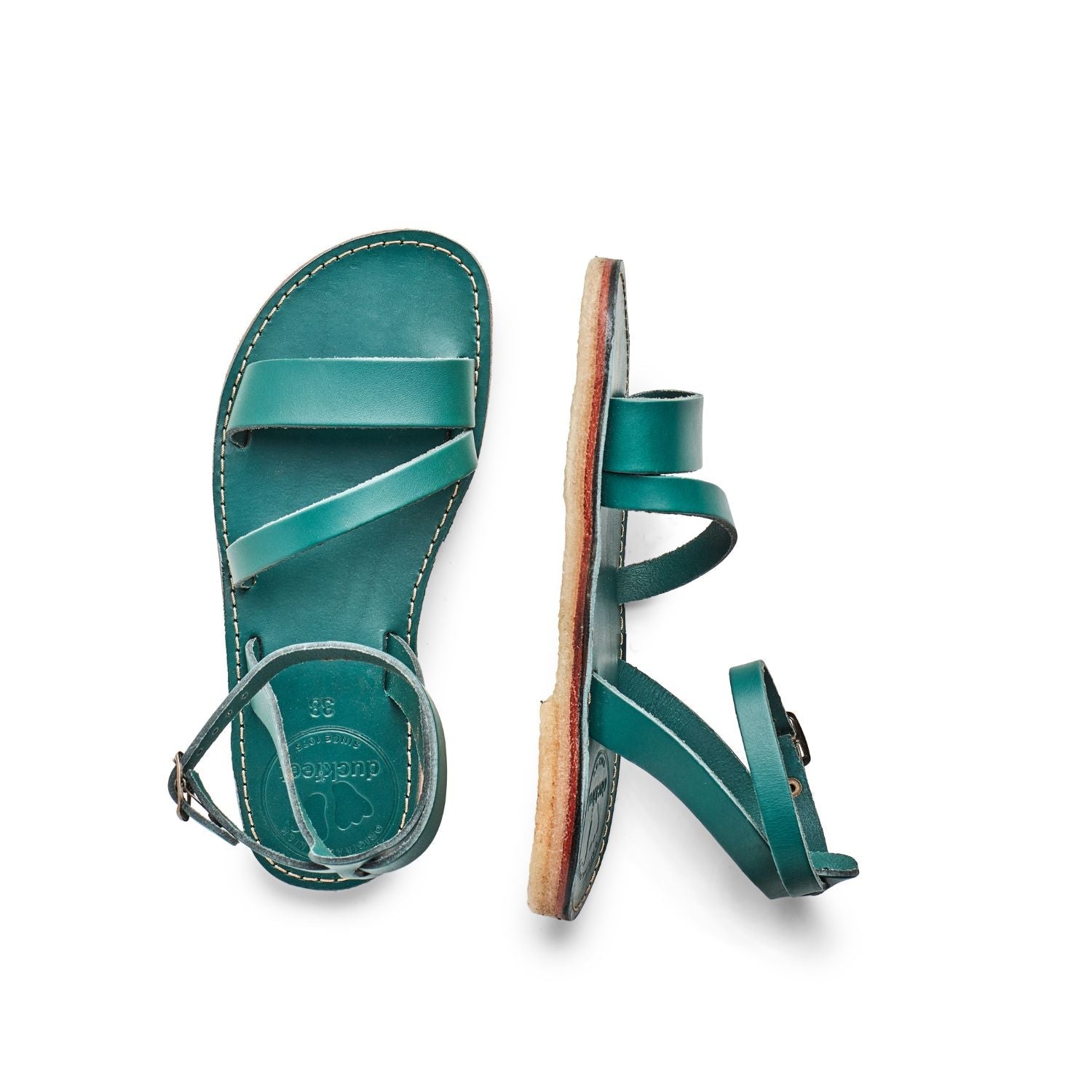 Duckfeet Skærbæk Turquoise-Green ankle-strap leather sandal, top and inner side view on white background