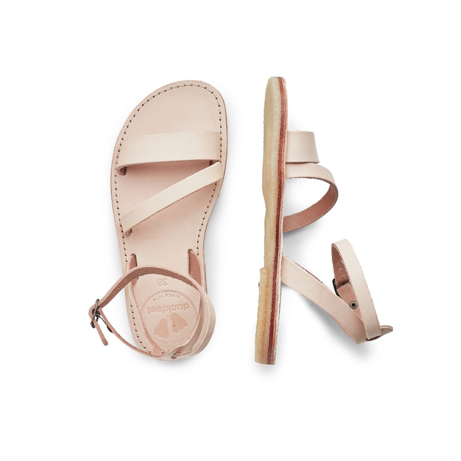 Duckfeet Skærbæk Cream ankle-strap leather sandal, top and inner side view on white background