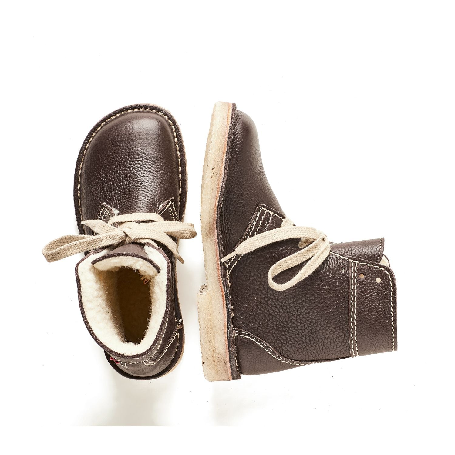Duckfeet Skanderborg Stone wool-lined lace-up leather boot, top and inner side view on white background