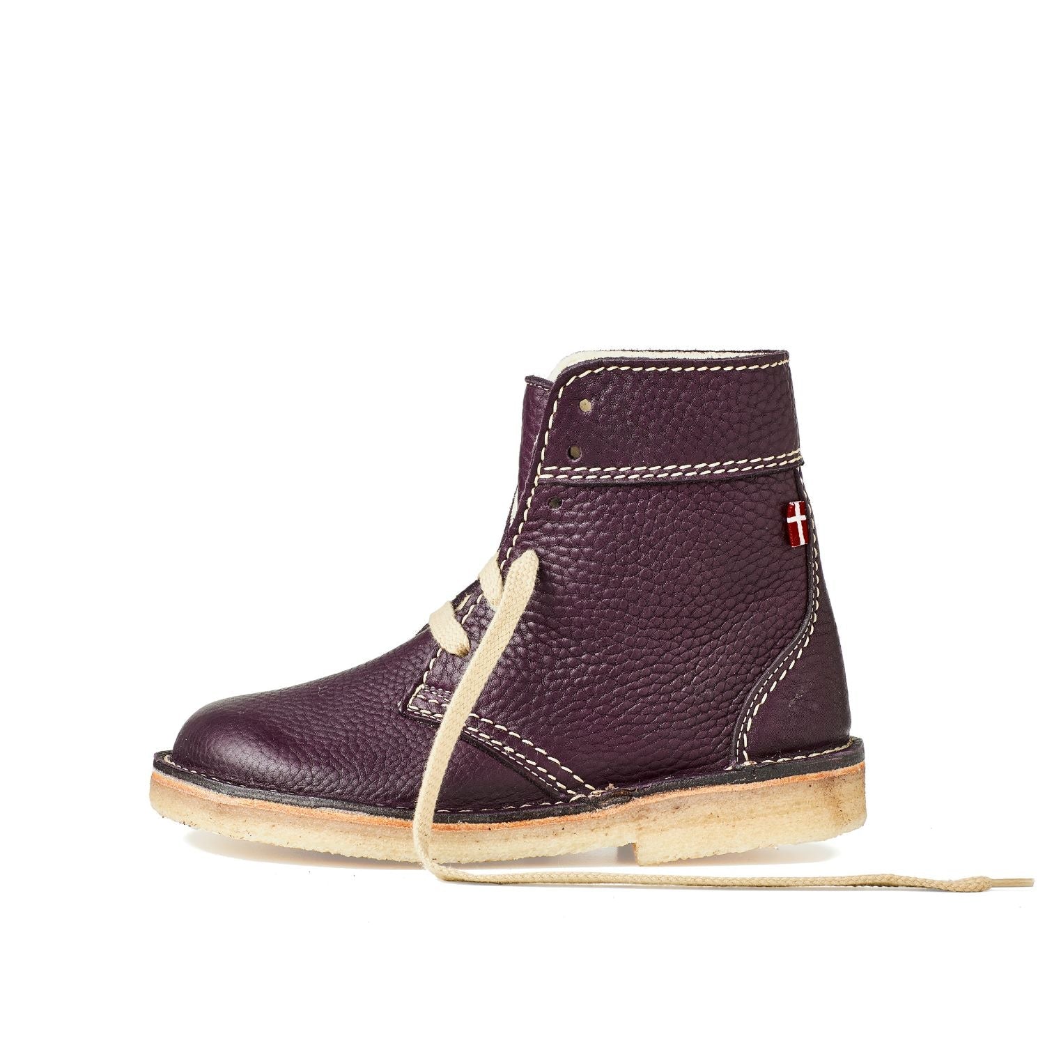 Duckfeet Skanderborg Plum wool-lined lace-up leather boot, outer side view on white background