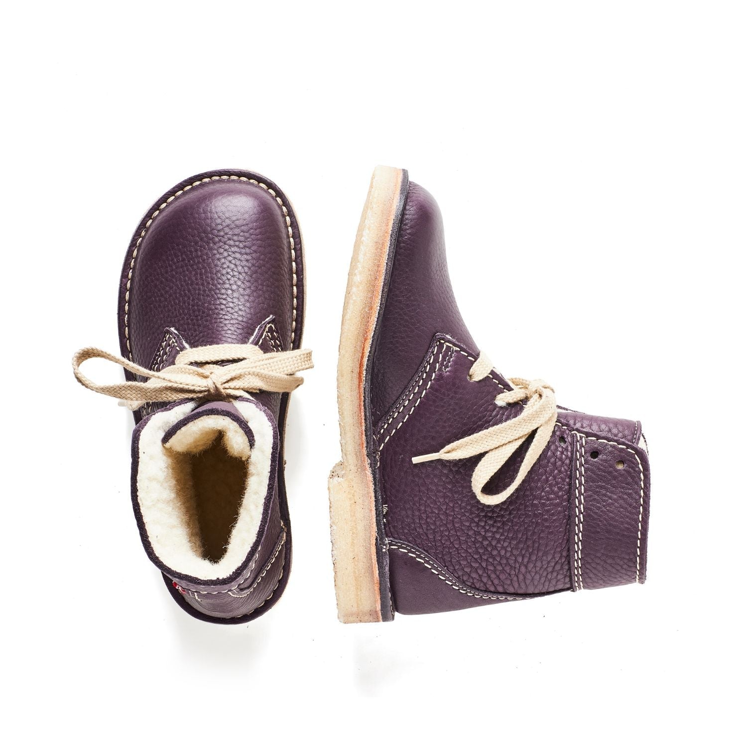 Duckfeet Skanderborg Plum wool-lined lace-up leather boot, top and inner side view on white background