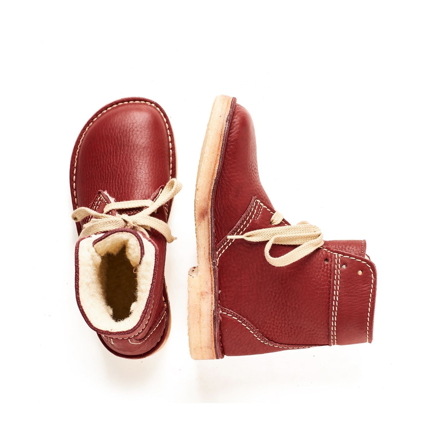 Duckfeet Skanderborg Granate wool-lined lace-up leather boot, top and inner side view on white background