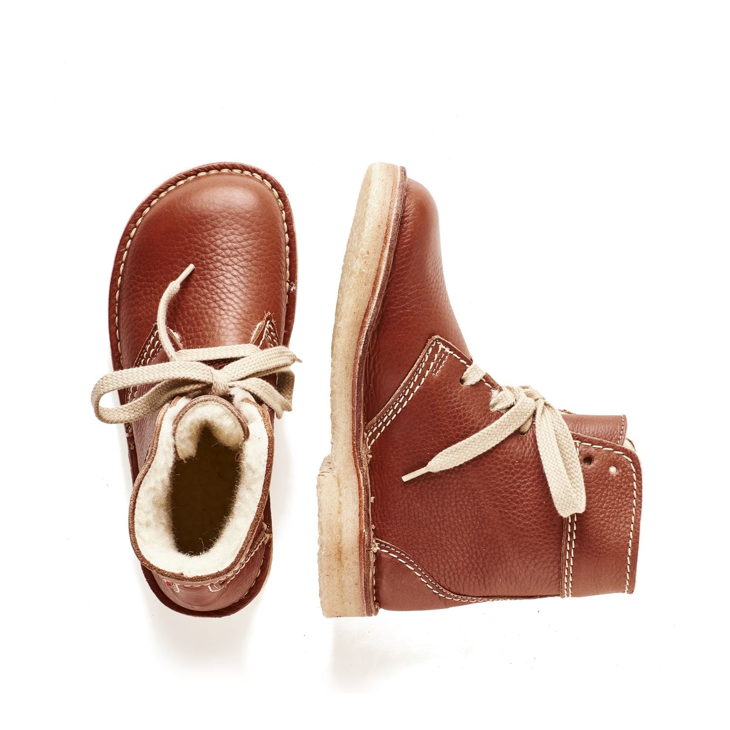 Duckfeet Skanderborg Nut wool-lined lace-up leather boot, top and inner side view on white background