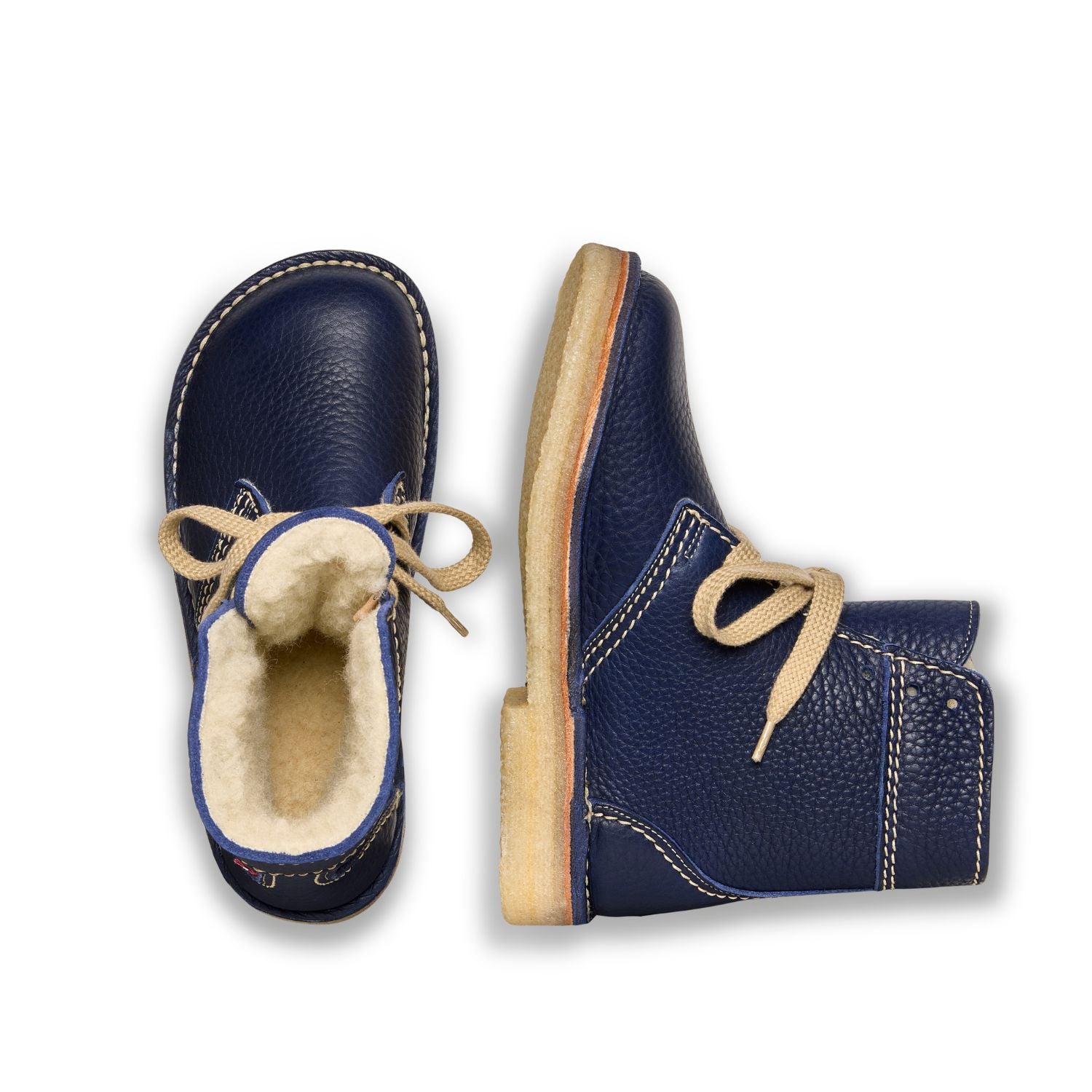 Duckfeet Skanderborg Royal Blue wool-lined lace-up leather boot, top and inner side view on white background