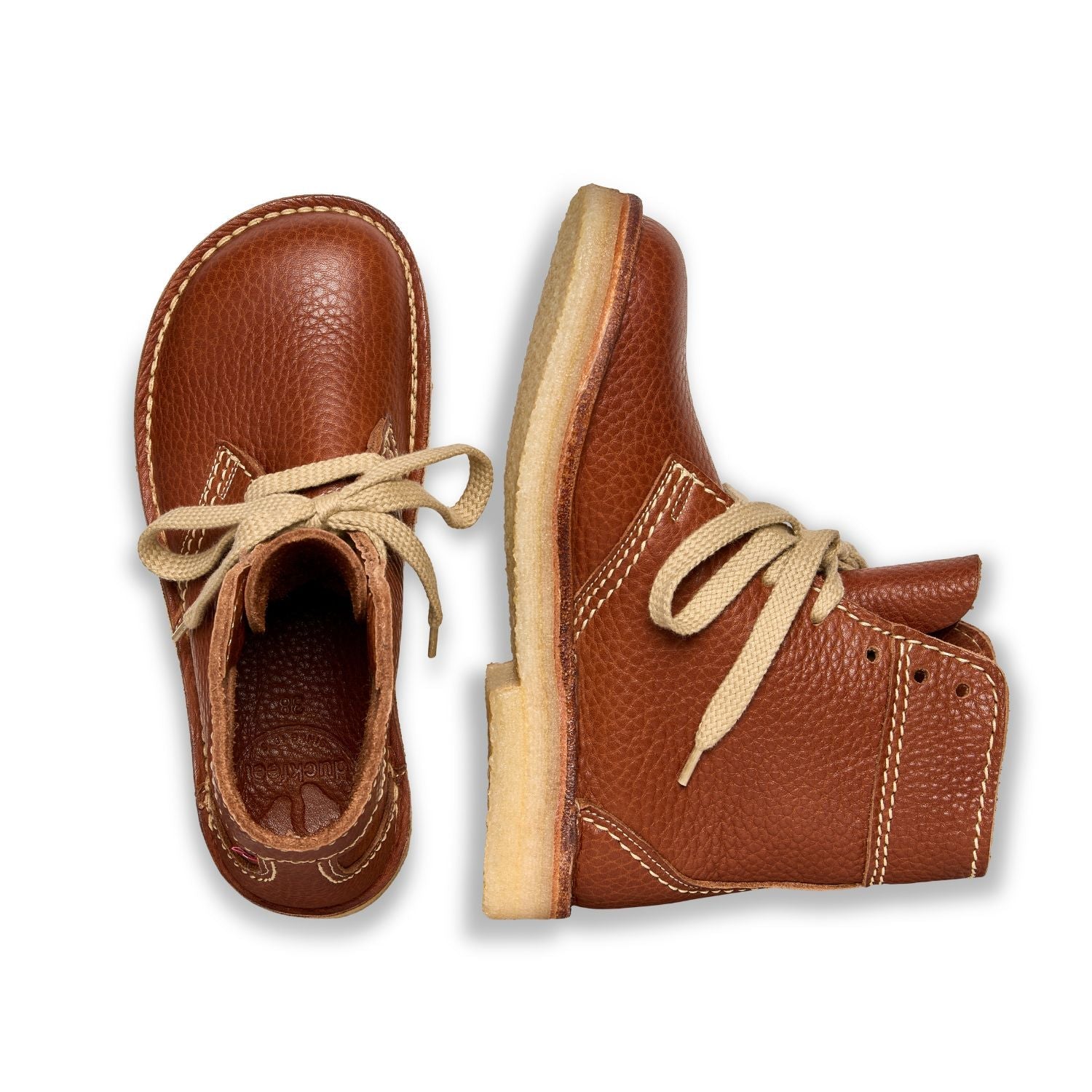 Duckfeet Sønderborg Nut lace-up leather boot, top and inner side view on white background