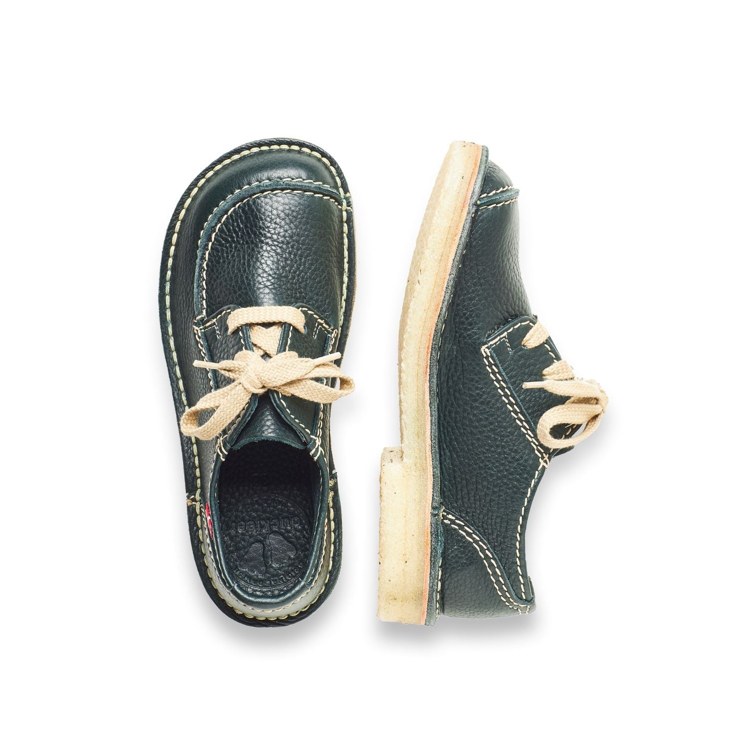 Duckfeet Svendborg Green moc-toe leather derby shoe, top and inner side view on white background