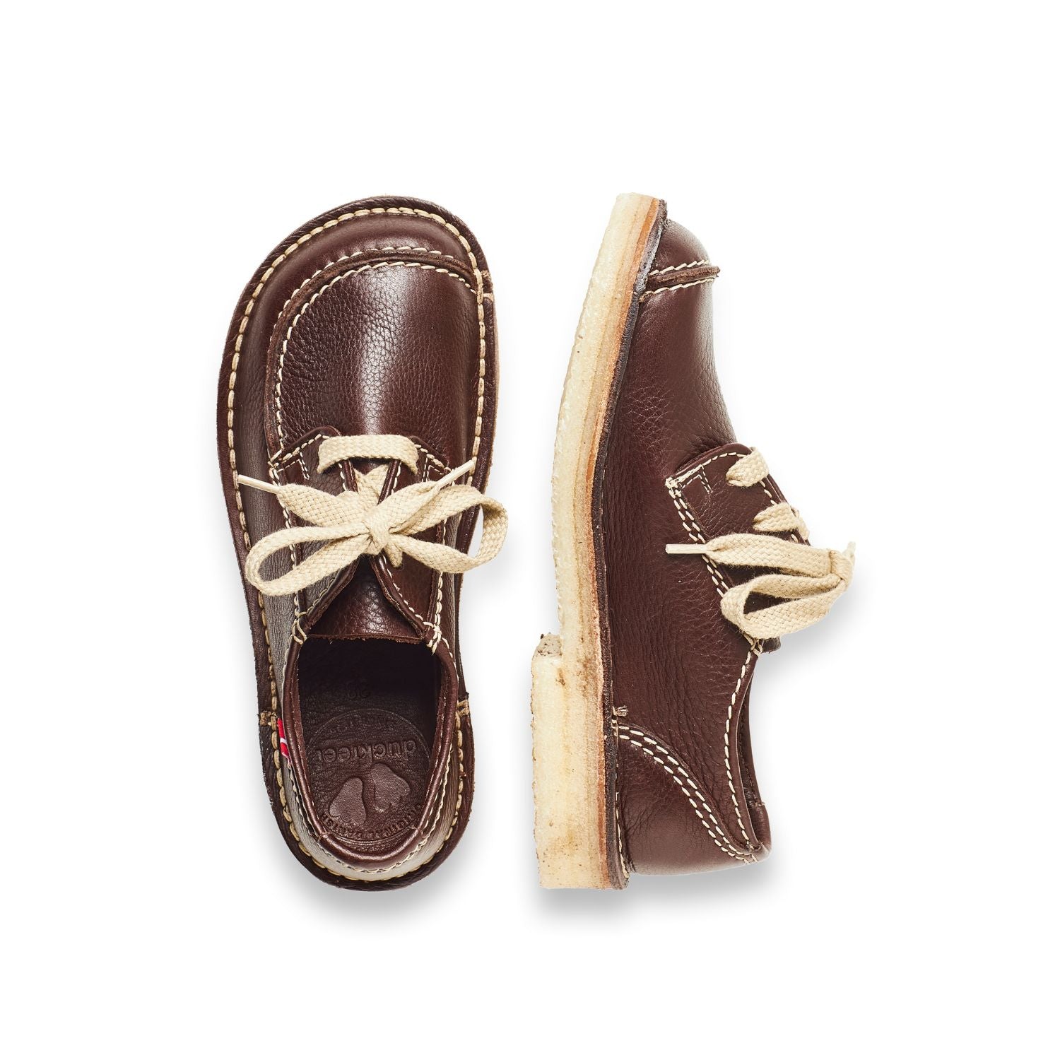 Duckfeet Svendborg Choco moc-toe leather derby shoe, top and inner side view on white background