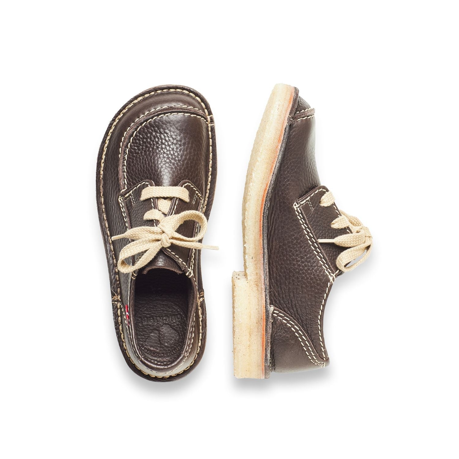 Duckfeet Svendborg Stone moc-toe leather derby shoe, top and inner side view on white background