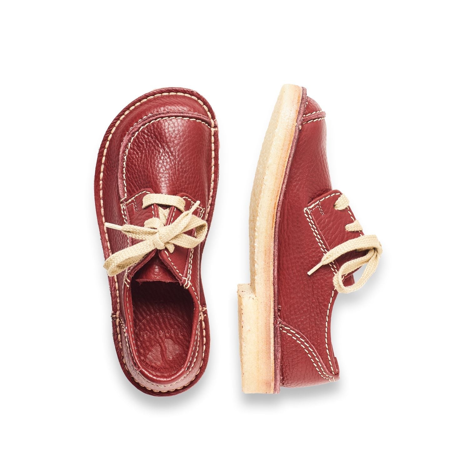 Duckfeet Svendborg Granate moc-toe leather derby shoe, top and inner side view on white background