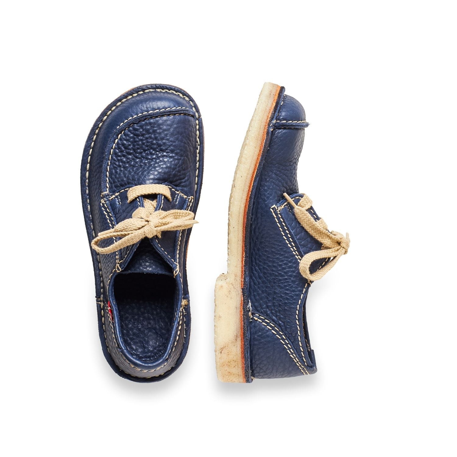 Duckfeet Svendborg Royal Blue moc-toe leather derby shoe, top and inner side view on white background