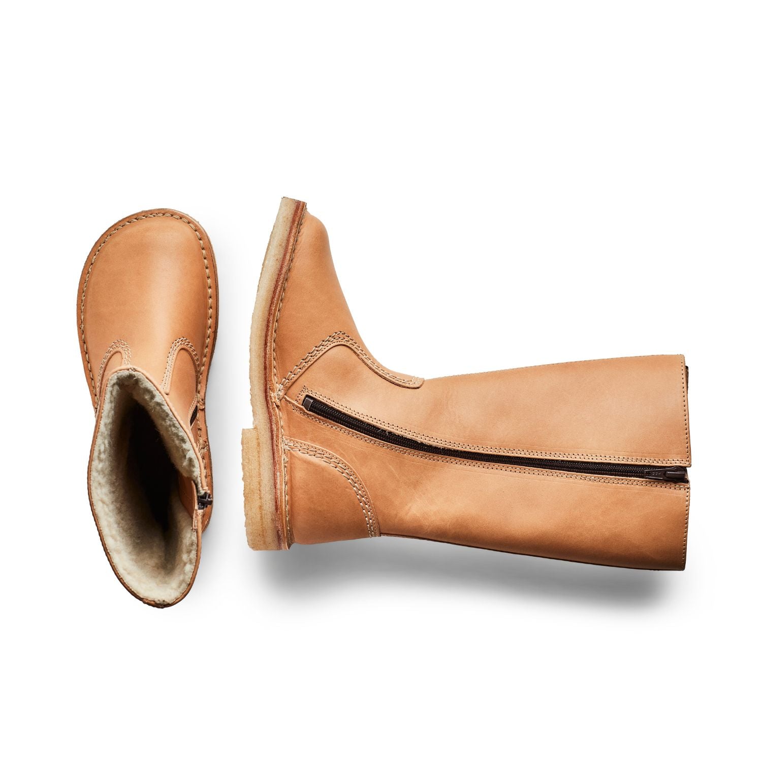 Duckfeet Vejle Bio wool-lined zip-up leather boot, top and inner side view on white background