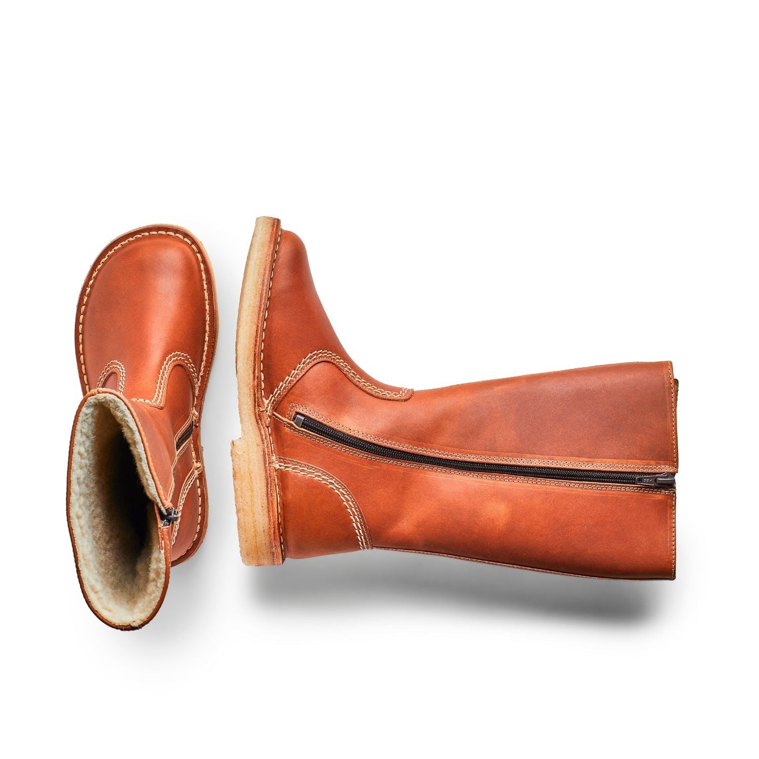Duckfeet Vejle Brown wool-lined zip-up leather boot, top and inner side view on white background