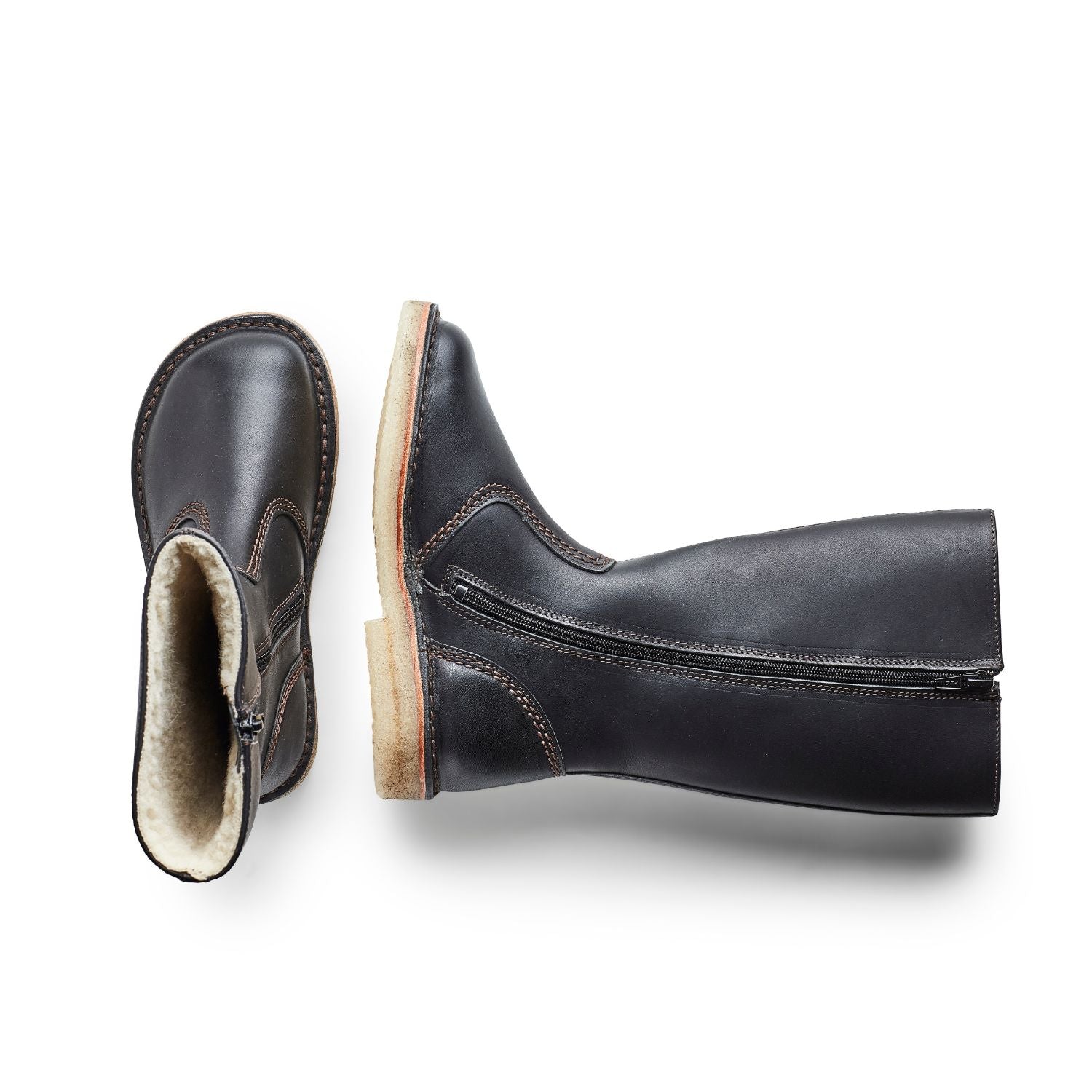 Duckfeet Vejle Black wool-lined zip-up leather boot, top and inner side view on white background