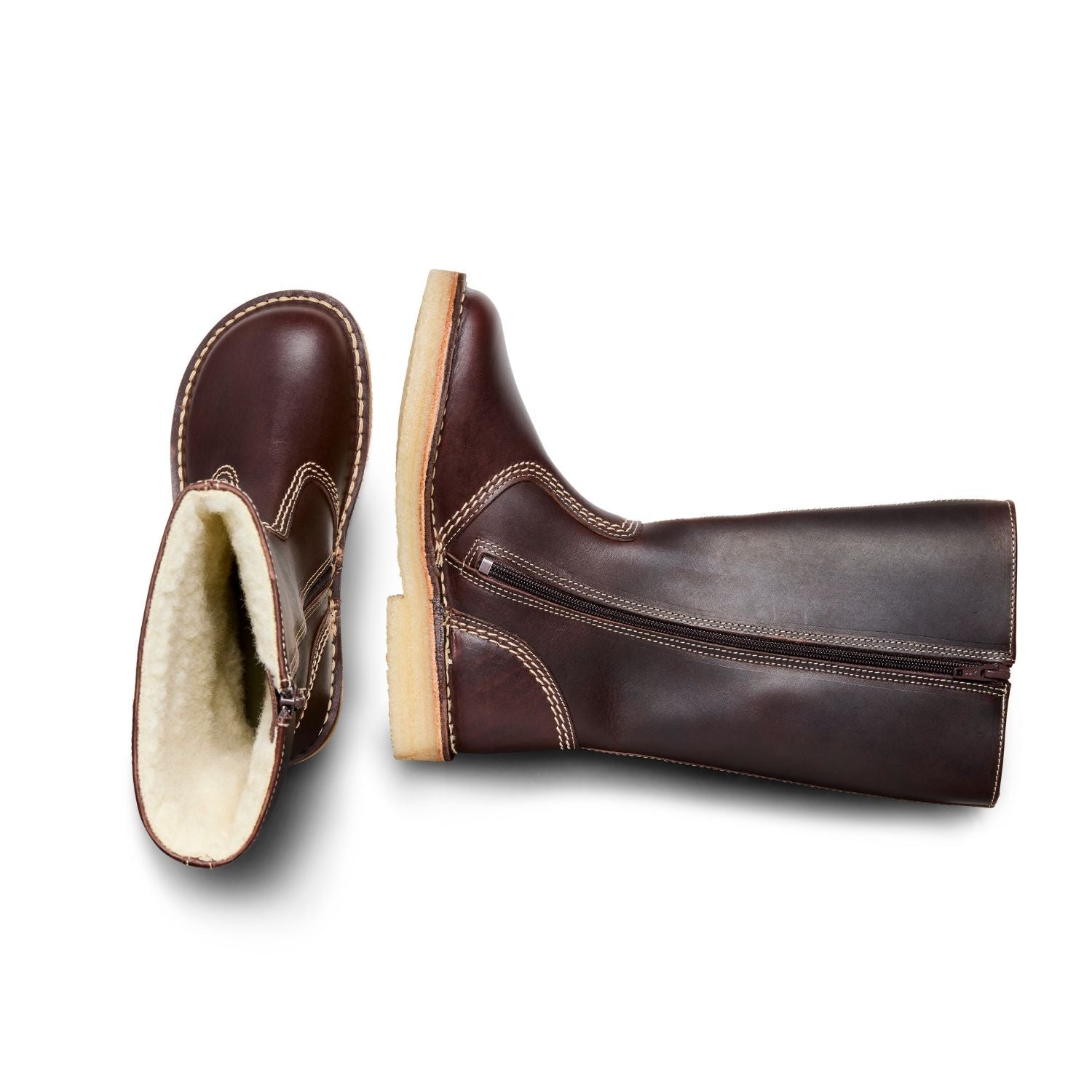 Duckfeet Vejle Choco wool-lined zip-up leather boot, top and inner side view on white background