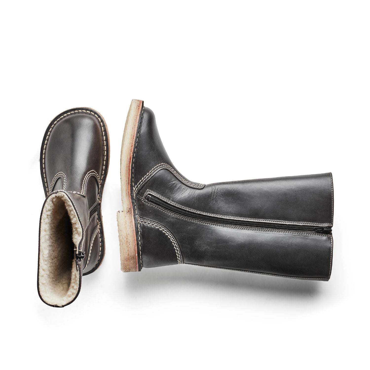 Duckfeet Vejle Slate wool-lined zip-up leather boot, top and inner side view on white background