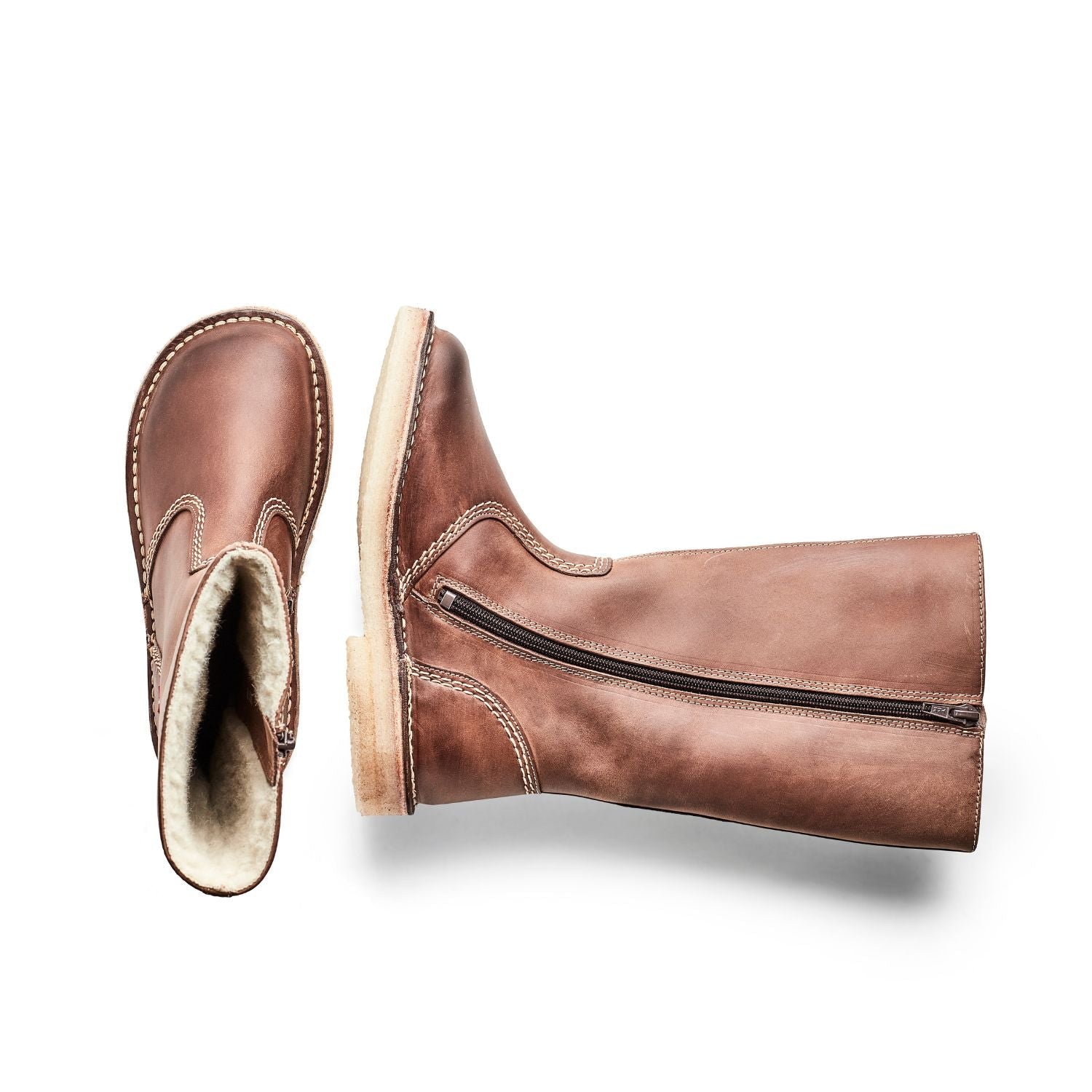 Duckfeet Vejle Cocoa wool-lined zip-up leather boot, top and inner side view on white background