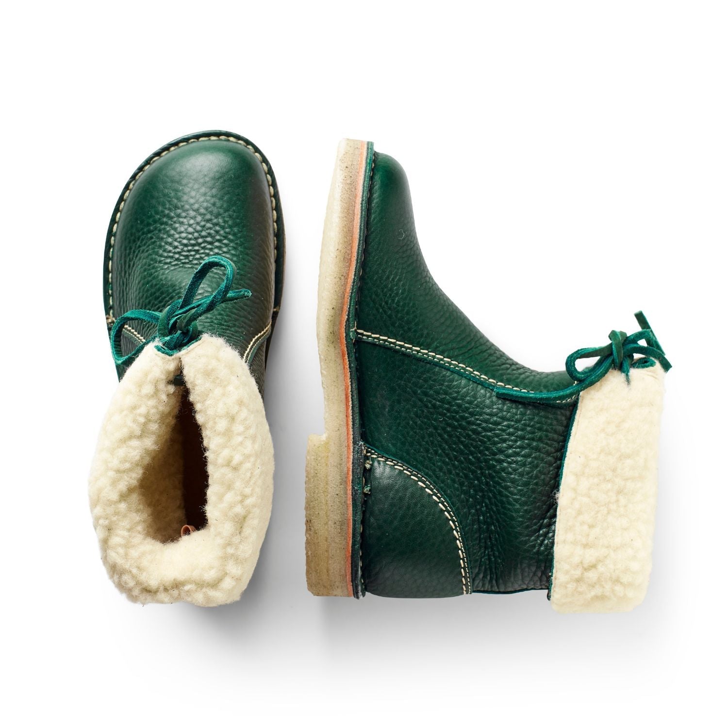 Duckfeet Århus Green wool-lined pull-on leather boot, top and inner side view on white background