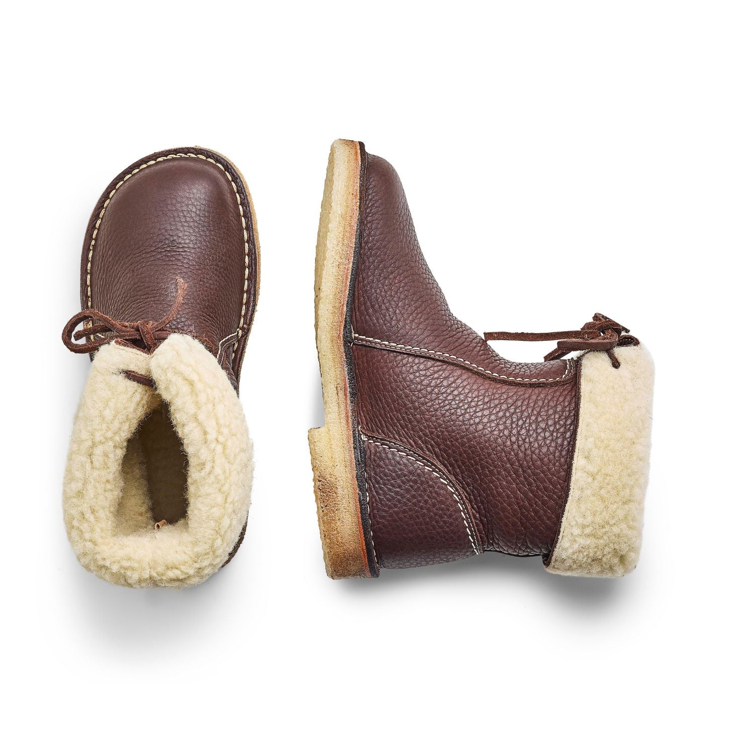 Duckfeet Århus Choco wool-lined pull-on leather boot, top and inner side view on white background