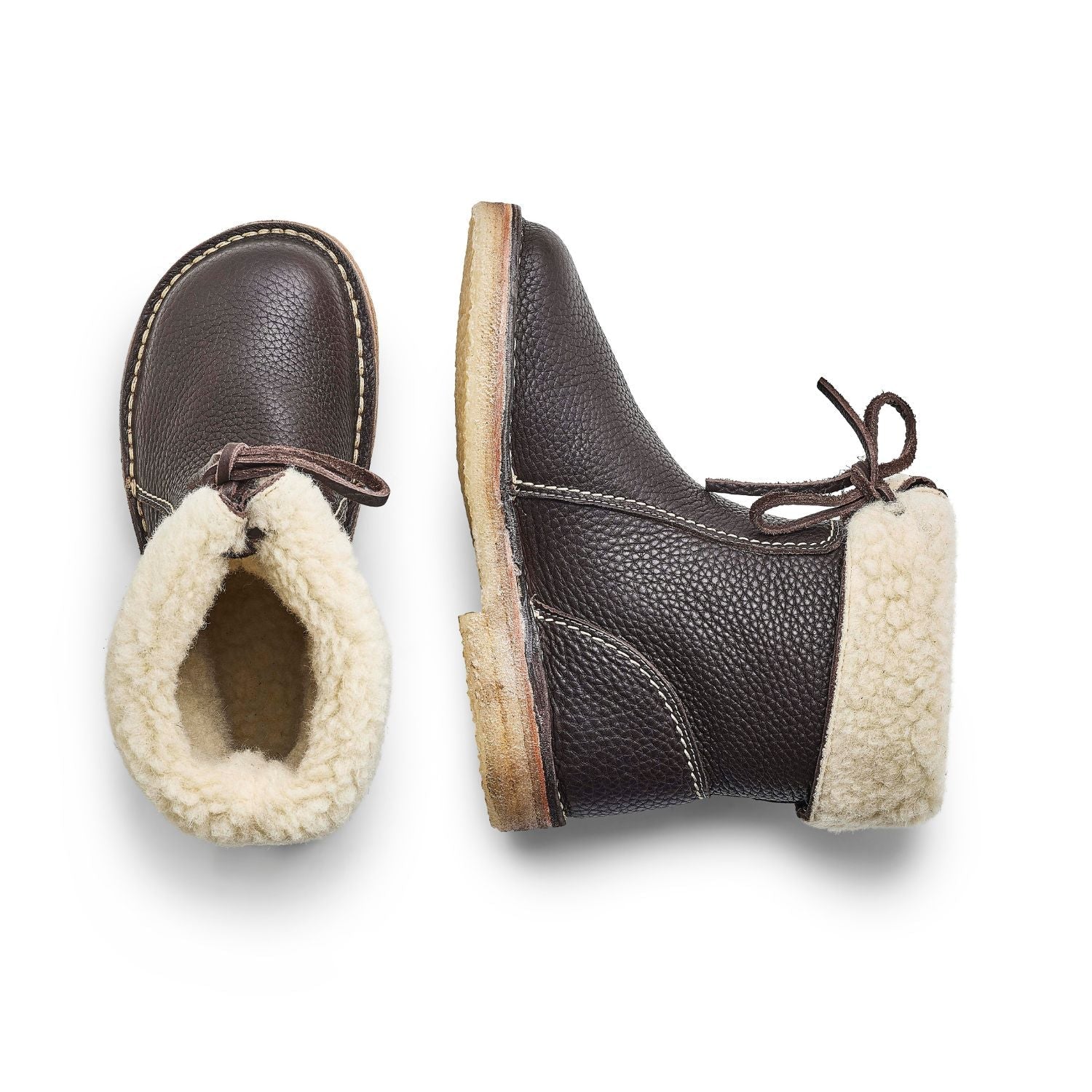 Duckfeet Århus Stone wool-lined pull-on leather boot, top and inner side view on white background