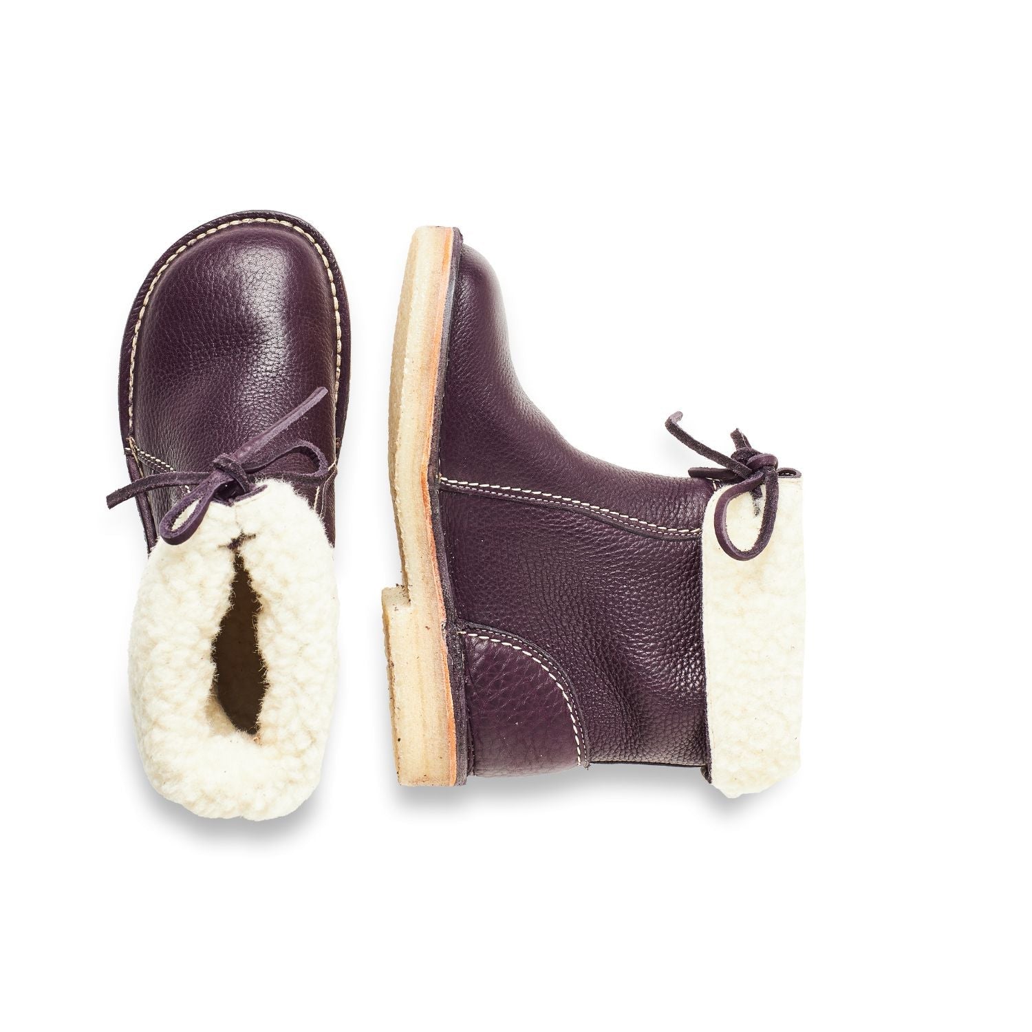 Duckfeet Århus Plum wool-lined pull-on leather boot, top and inner side view on white background