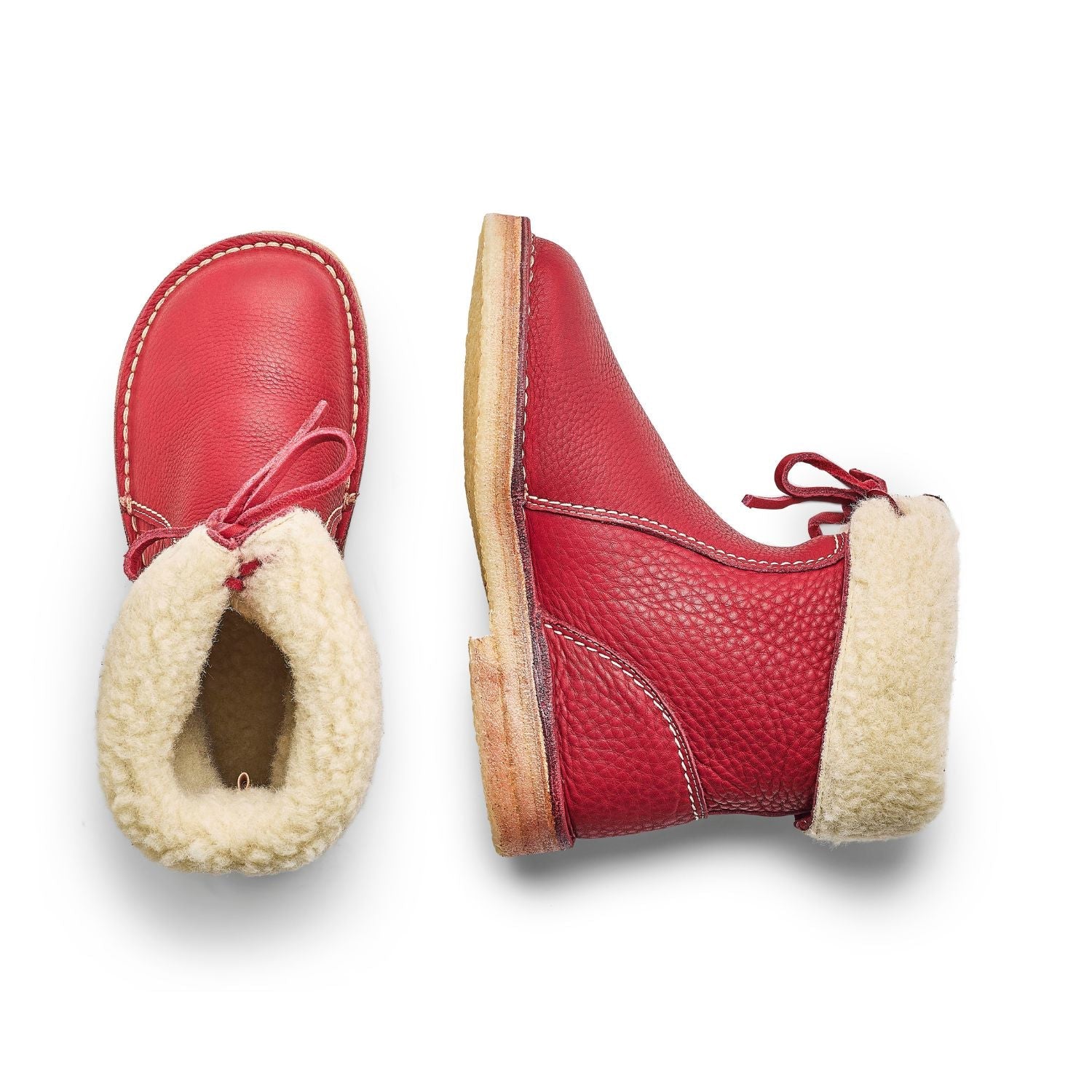 Duckfeet Århus Granate wool-lined pull-on leather boot, top and inner side view on white background