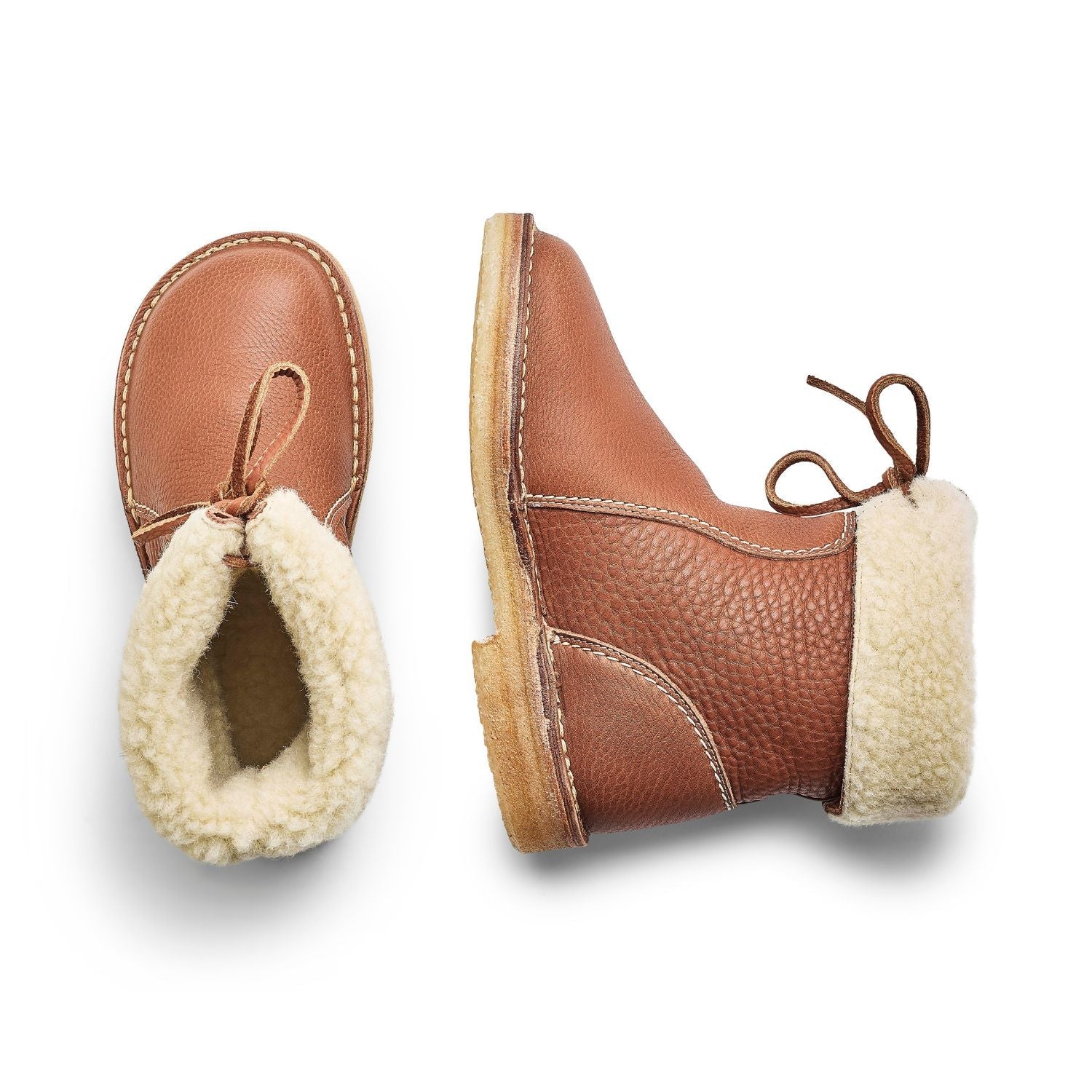 Duckfeet Århus Nut wool-lined pull-on leather boot, top and inner side view on white background