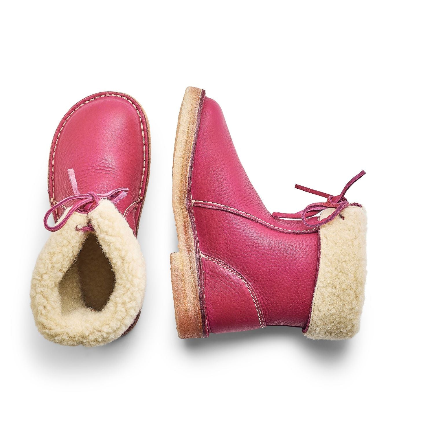 Duckfeet Århus Pink wool-lined pull-on leather boot, top and inner side view on white background