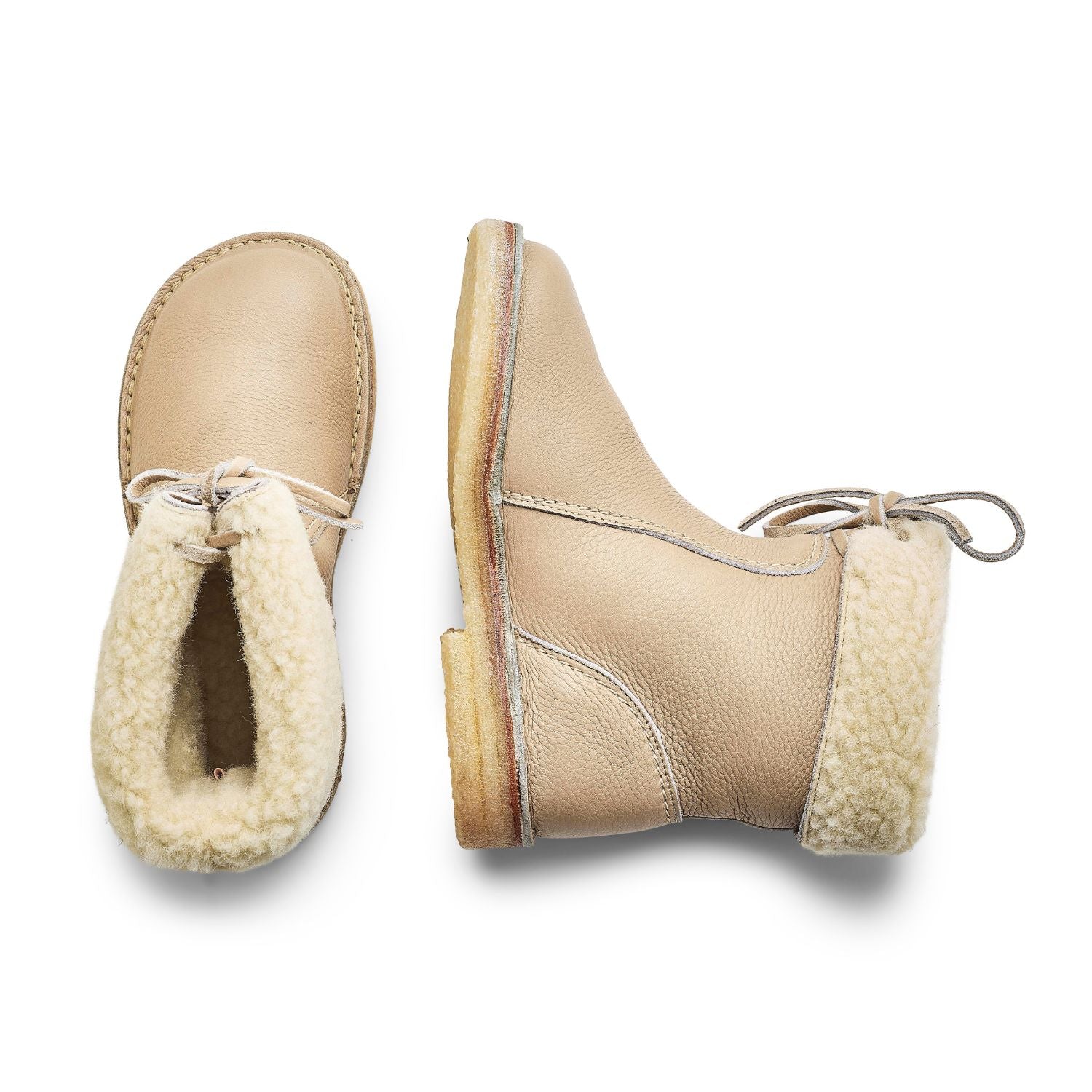 Duckfeet Århus Cream wool-lined pull-on leather boot, top and inner side view on white background