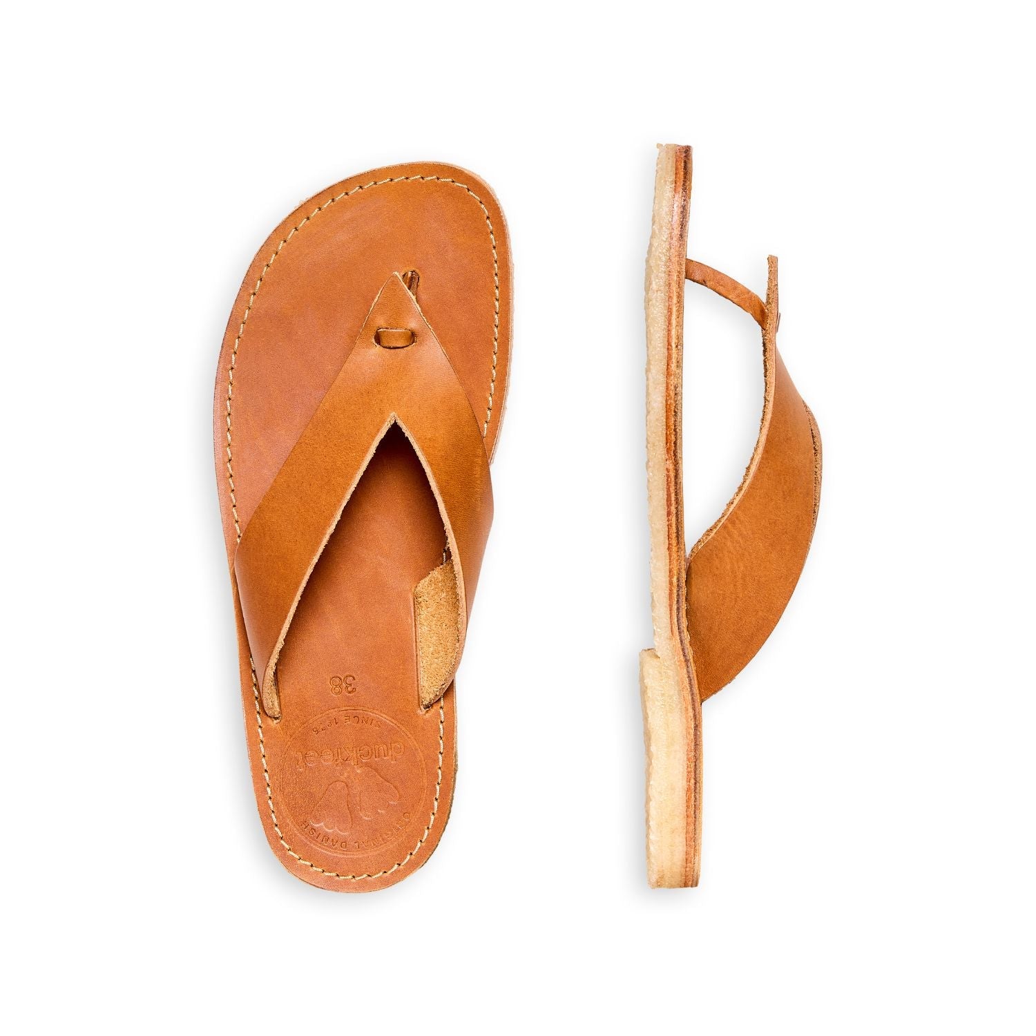 Duckfeet Ærø Brown toe-post leather sandal, top and inner side view on white background