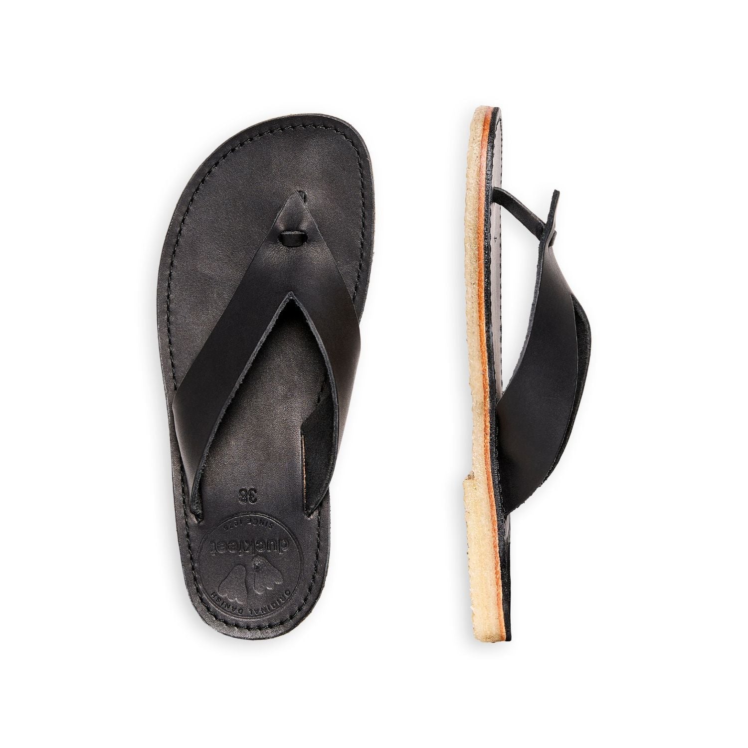 Duckfeet Ærø Black toe-post leather sandal, top and inner side view on white background