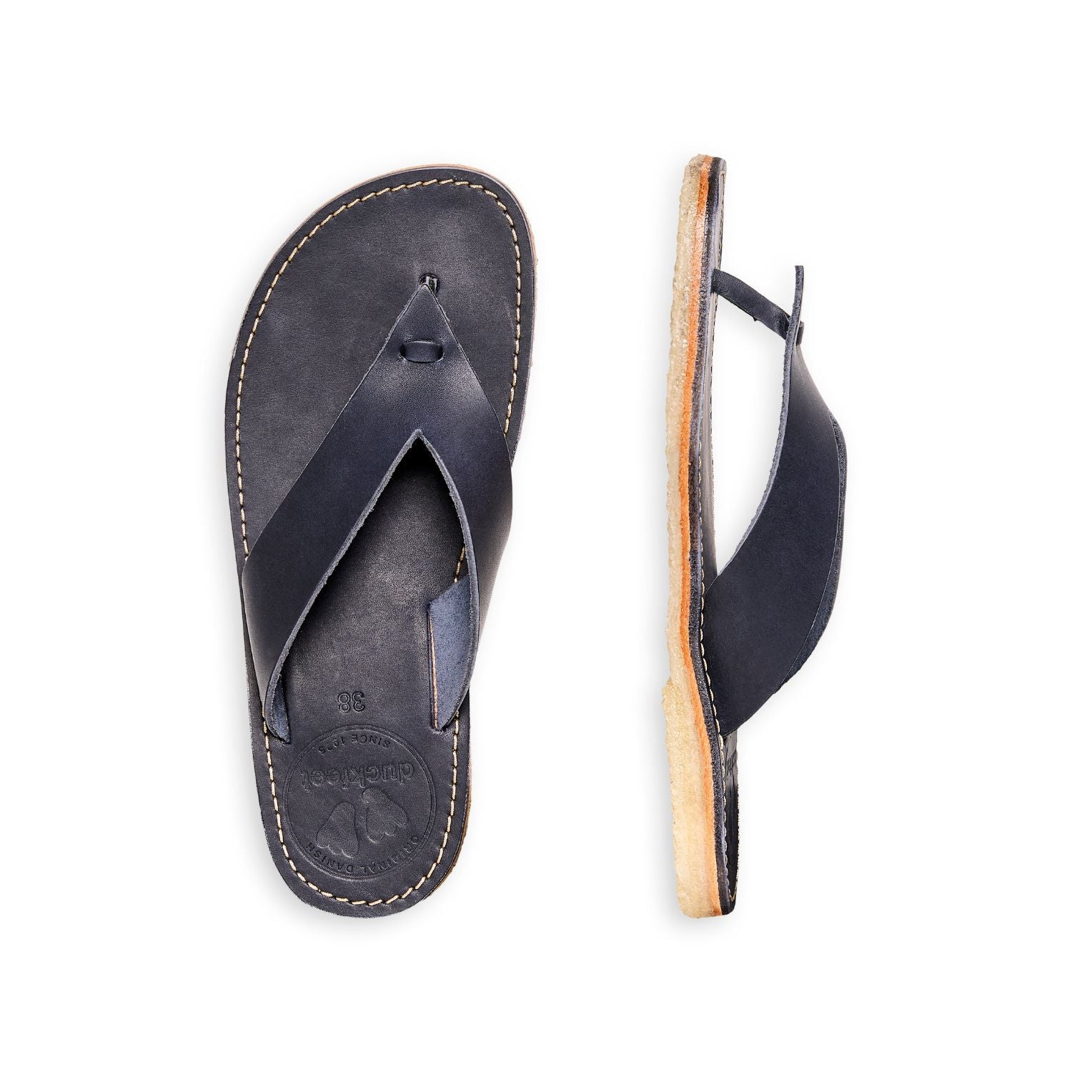 Duckfeet Ærø Blue toe-post leather sandal, top and inner side view on white background