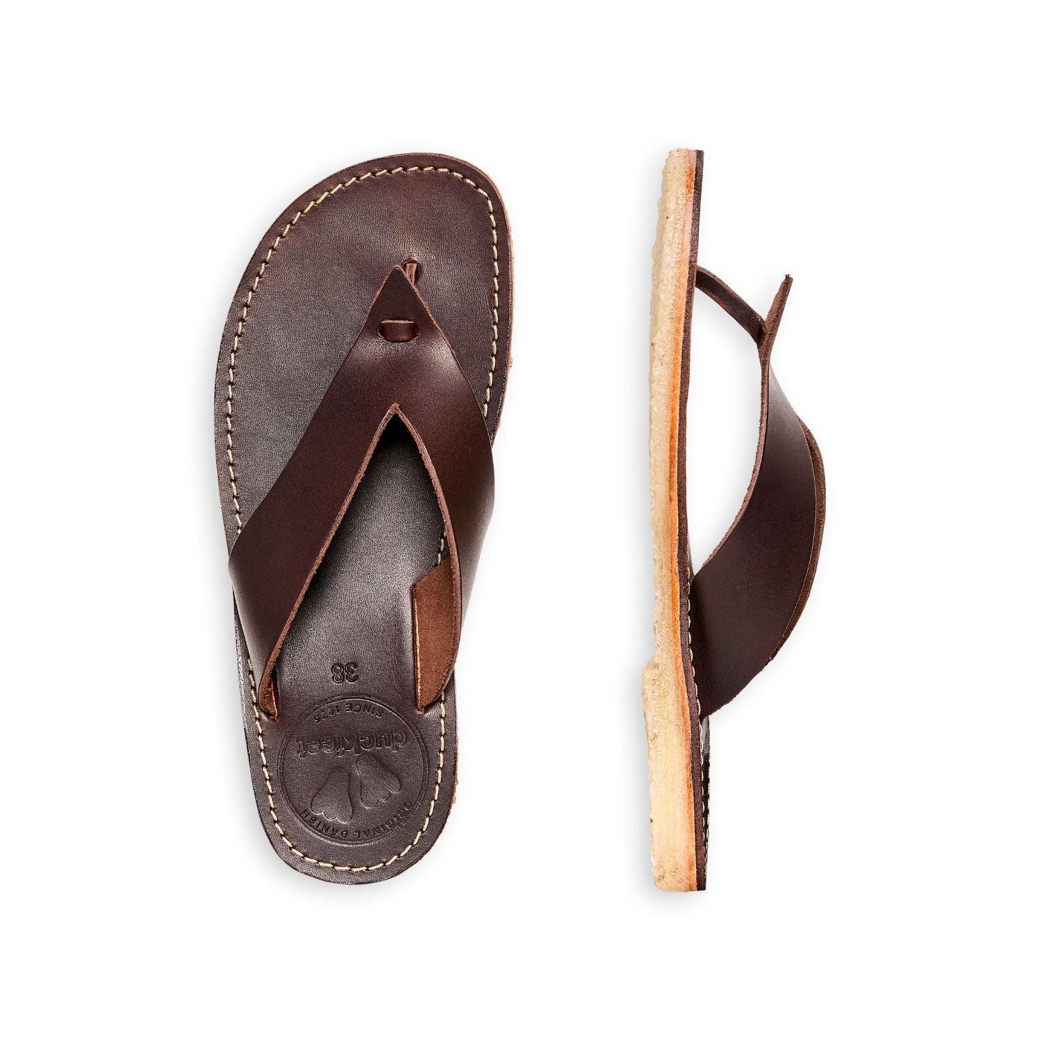 Duckfeet Ærø Choco toe-post leather sandal, top and inner side view on white background