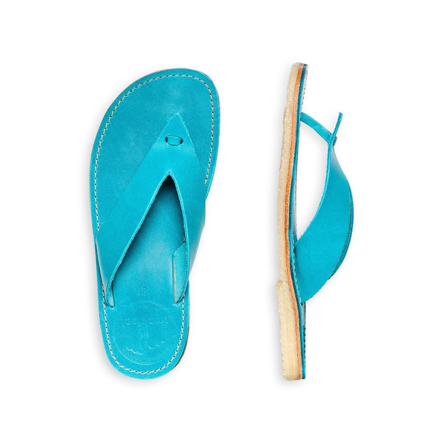 Duckfeet Ærø Aqua Blue toe-post leather sandal, top and inner side view on white background